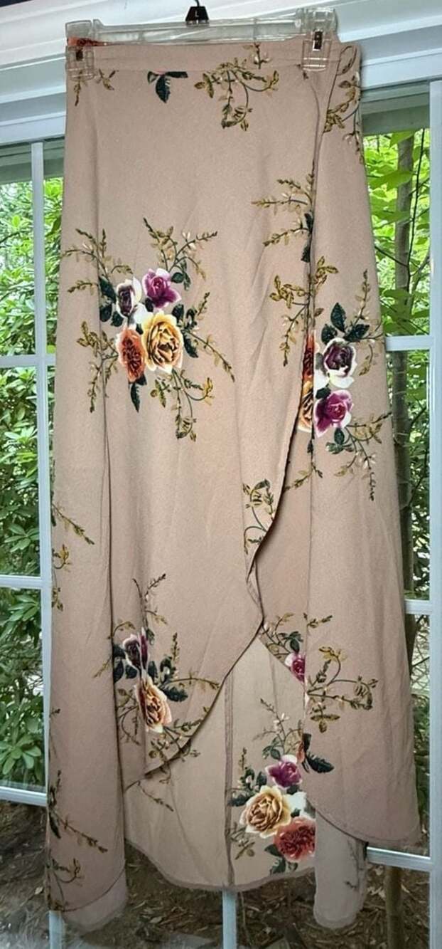 Simplee Women's Boho Floral Embroidered Wrap Maxi Skirt, Beige, Size M